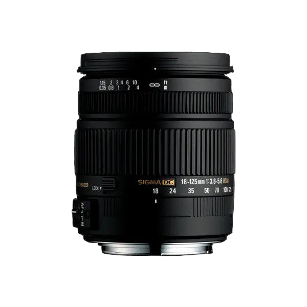 Front view of black Sigma 18-125mm zoom lens with focal length markings and focus ring visible against dark background.