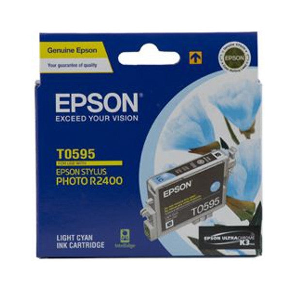 Epson T0595 light cyan ink cartridge packaging displayed against blue background showing product box and actual cartridge with eagle imagery.