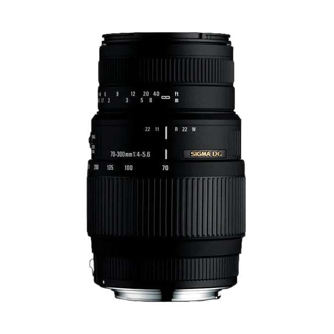 Black Sigma 70-300mm telephoto lens shown from front against dark background, displaying focal length markings and DG branding.