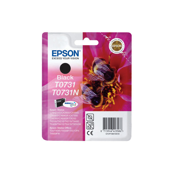 Epson T0731 black ink cartridge packaging showing front with bee image, product details, and barcode label.