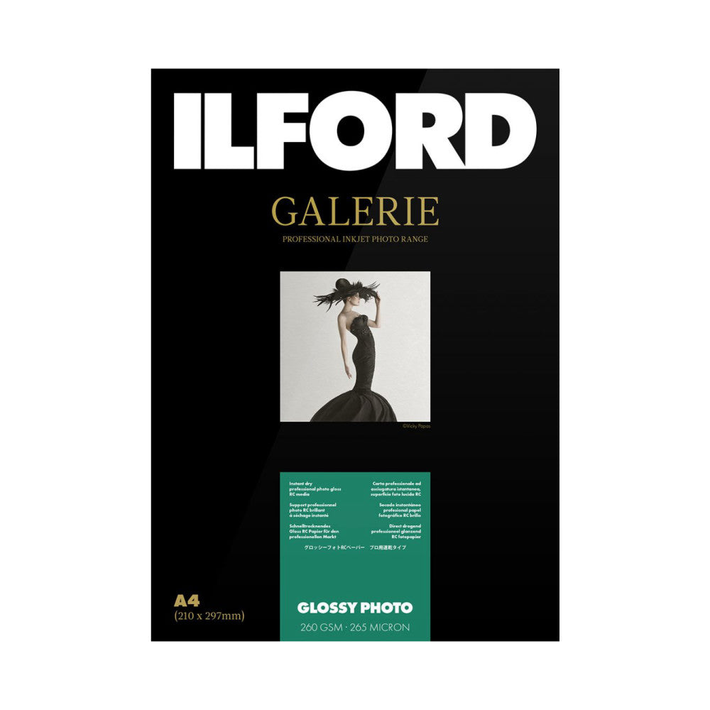 Ilford Galerie Glossy Photo paper package showing front cover with elegant fashion photograph and product specifications including A4 size and 260 GSM weight.