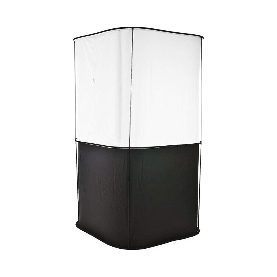 Cylindrical light tent with white translucent upper half and black lower half, shown from front-angled view against white background.
