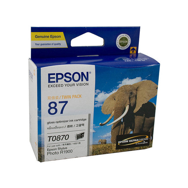 Front view of Epson 87 gloss optimizer ink cartridge twin pack box showing product packaging with elephant image and specifications.