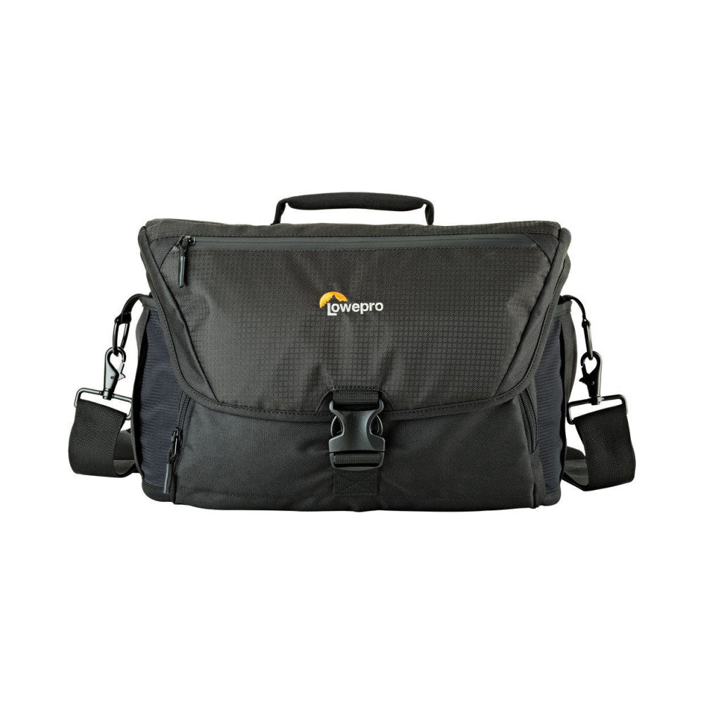 Front view of a black Lowepro Nova 200 AW II camera bag with carry handle, shoulder straps, and buckle closure against a white background.
