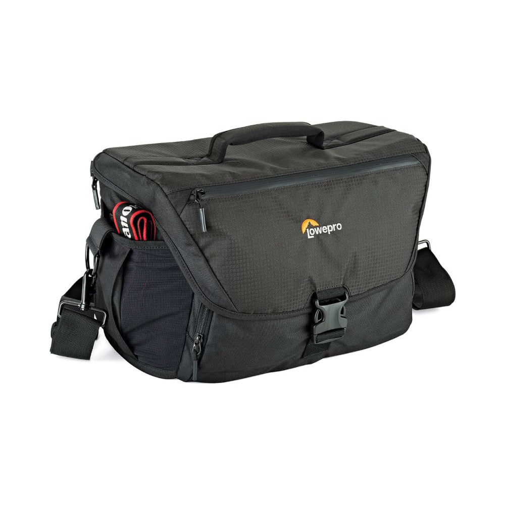 Black Lowepro camera bag shown from front angle with shoulder strap, top handle, and front pockets visible against white background.