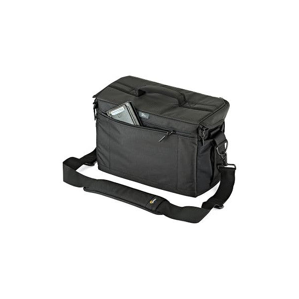 Black camera bag with shoulder strap shown at three-quarter angle, displaying open front pocket with tablet visible inside.
