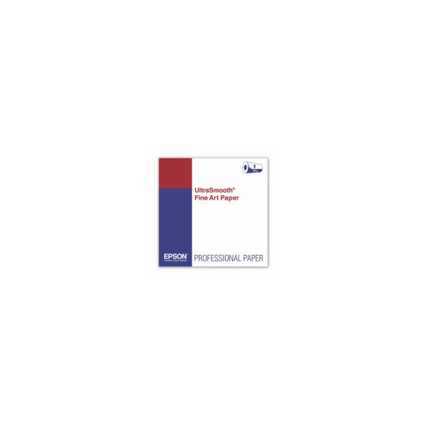 Package front showing Epson UltraSmooth Fine Art Paper box with red and blue colored sections and professional paper branding.