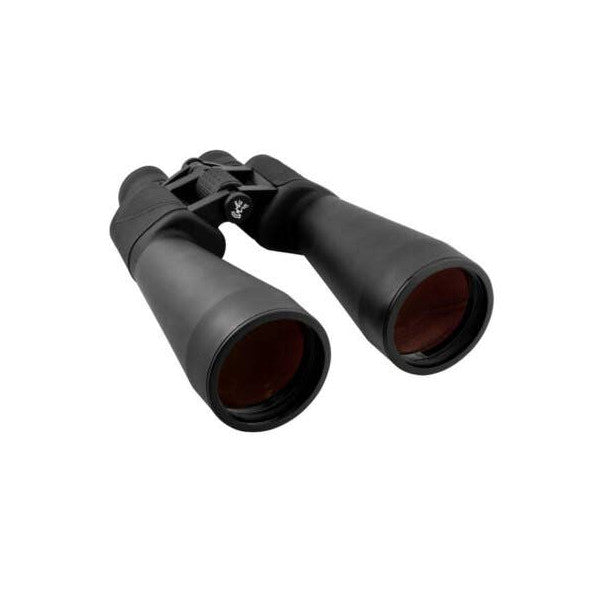 Pair of black Skylander 15x70 binoculars displayed at a three-quarter angle against a white background, showing the front objective lenses with amber-tinted glass.