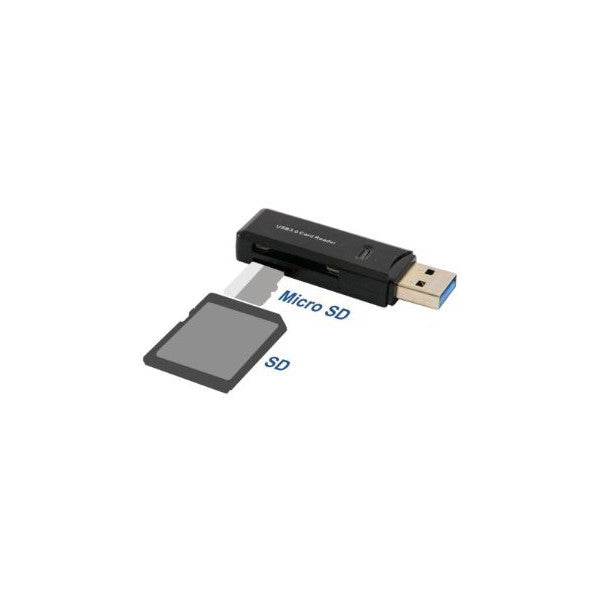 Black USB card reader with gold connector shown at angle with SD and Micro SD cards displayed separately below it.