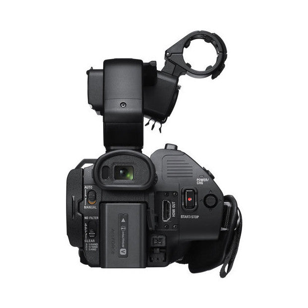 Top-down view of Sony HXR-NX80 camcorder showing rear controls, LCD screen, and detached microphone on mount.