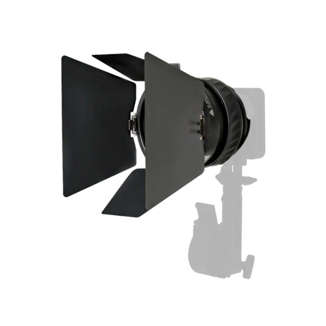 Black studio light with barn doors on a white background