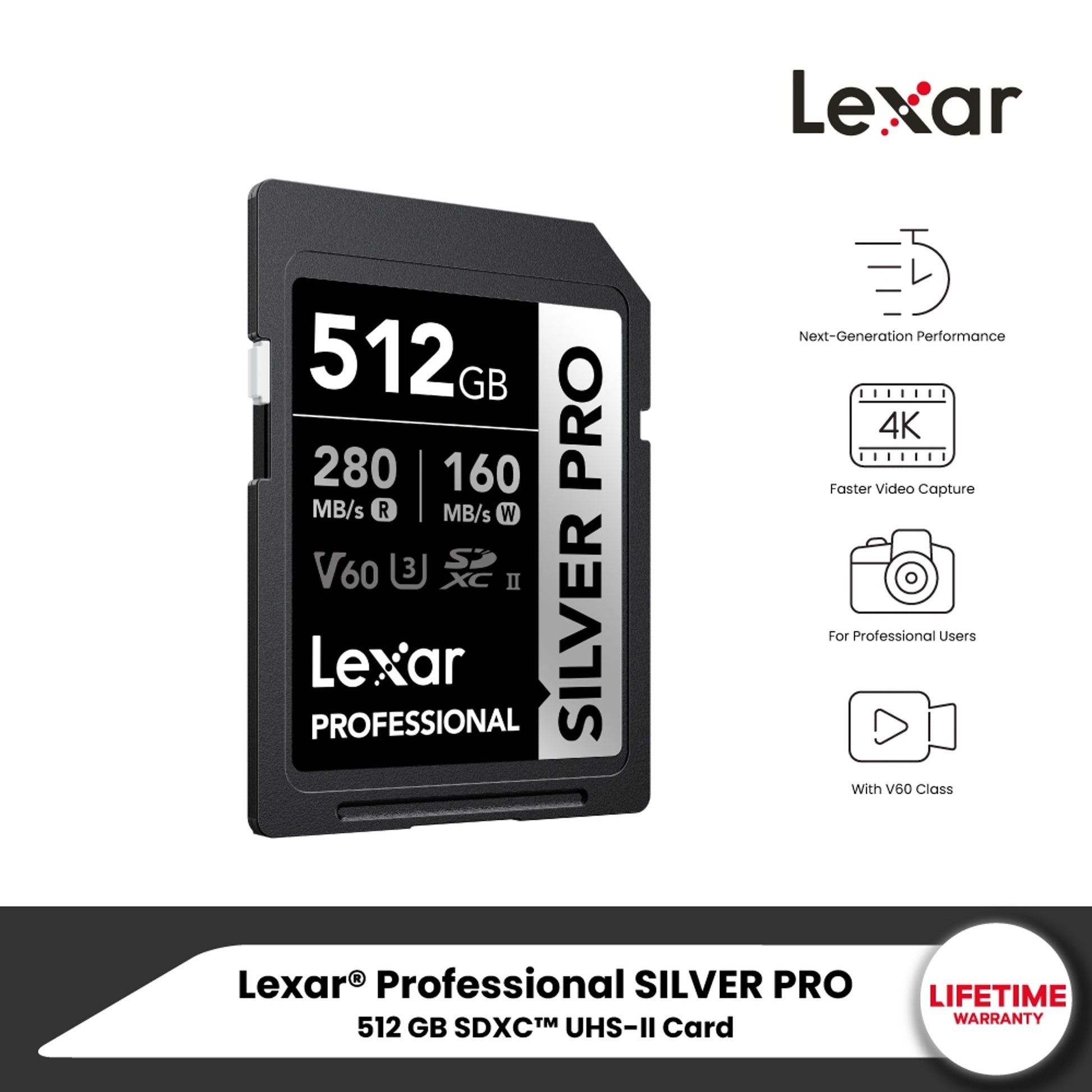Lexar Pro 512GB 160Mbs SDXC Silver PRO Card V30 UHS-I**