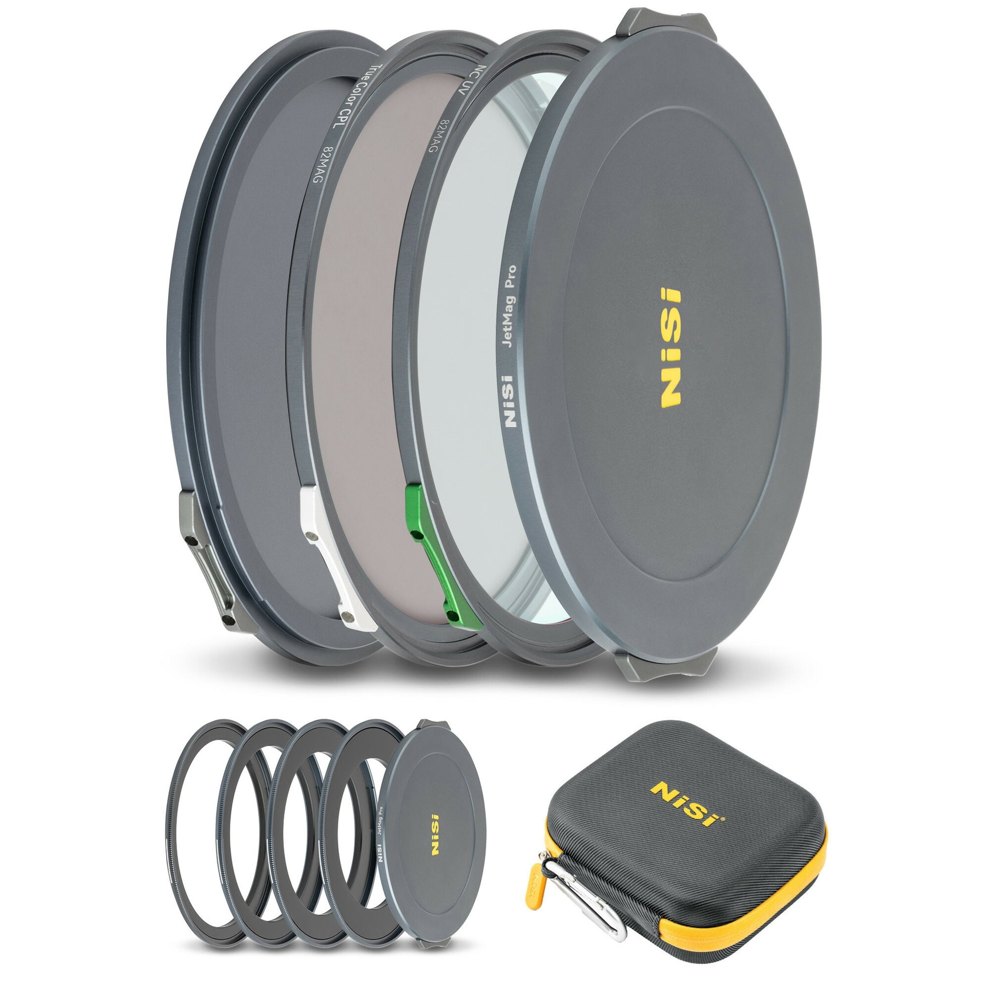 Set of NiSi camera lens filters with a carrying case on a white background