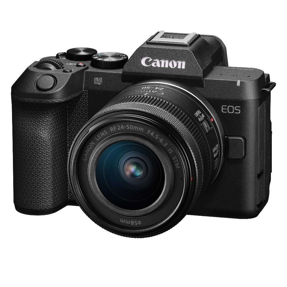 Canon EOS mirrorless camera with a zoom lens, shown from a three-quarter angle on a solid white background.