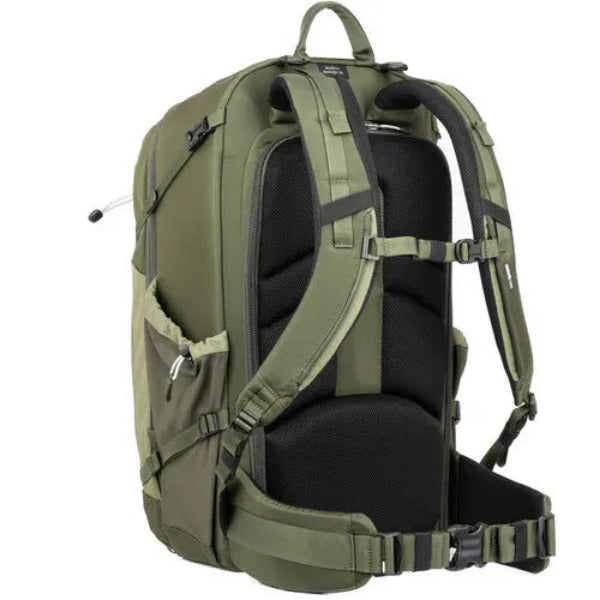Green backpack with black interior on a white background