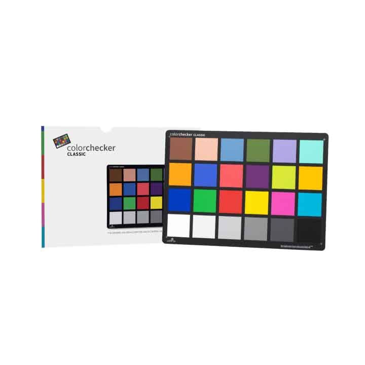 Color checker chart with packaging on a white background