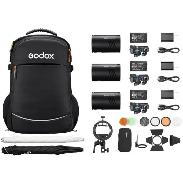 Godox camera Flash with backpack and various accessories on a white background