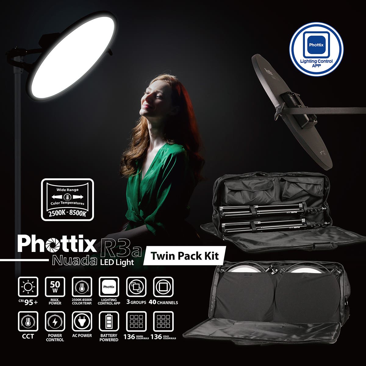 PHOTTIX NUADA R3a Twin LED Soft Light Kit w/Stands