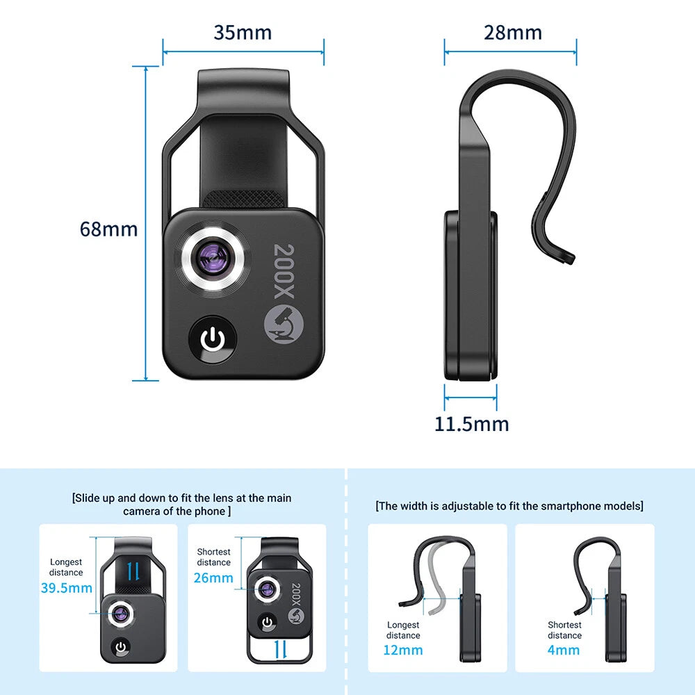 Apexel MACRO 200X Clip on Lens >200x Close Up Lens with LED BLACK