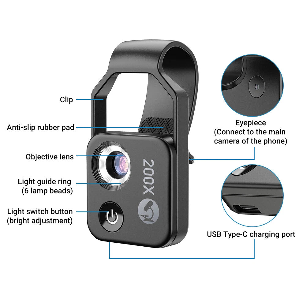 Apexel MACRO 200X Clip on Lens >200x Close Up Lens with LED BLACK