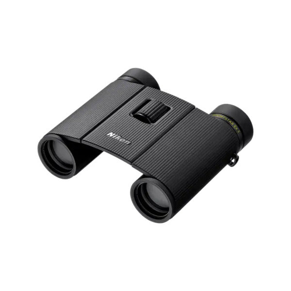 Black Nikon binoculars on a white background
